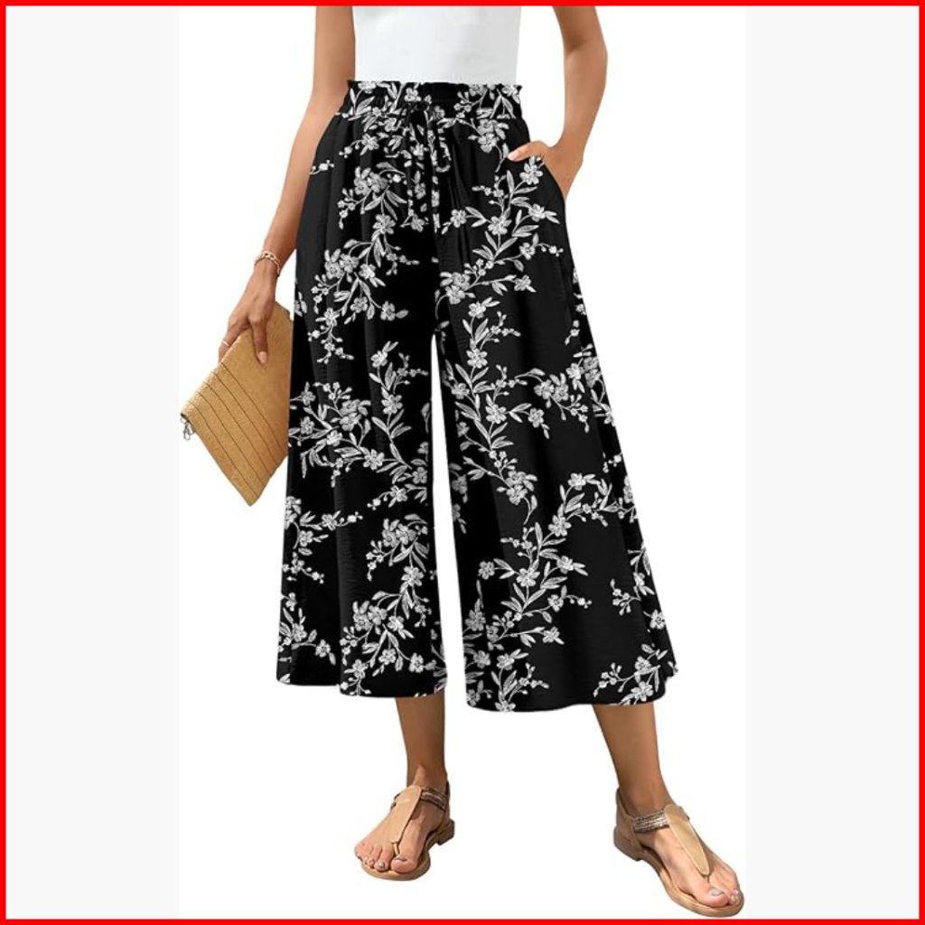 Wide Leg Cropped Palazzo Pants With Pockets, Elastic Waist, Business Casual